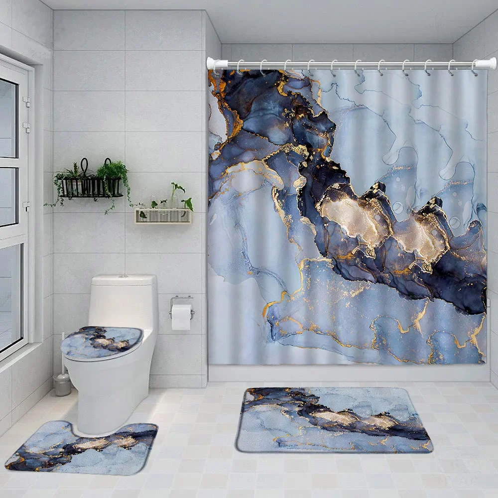 זהב כחול רחצה משיש מגדיר סט מלא זהב מרשרשים קו מופשט אמנות מודרנית הביתה אמבטיה, וילונות, שטיח כיסוי האסלה בשירותים עיצוב