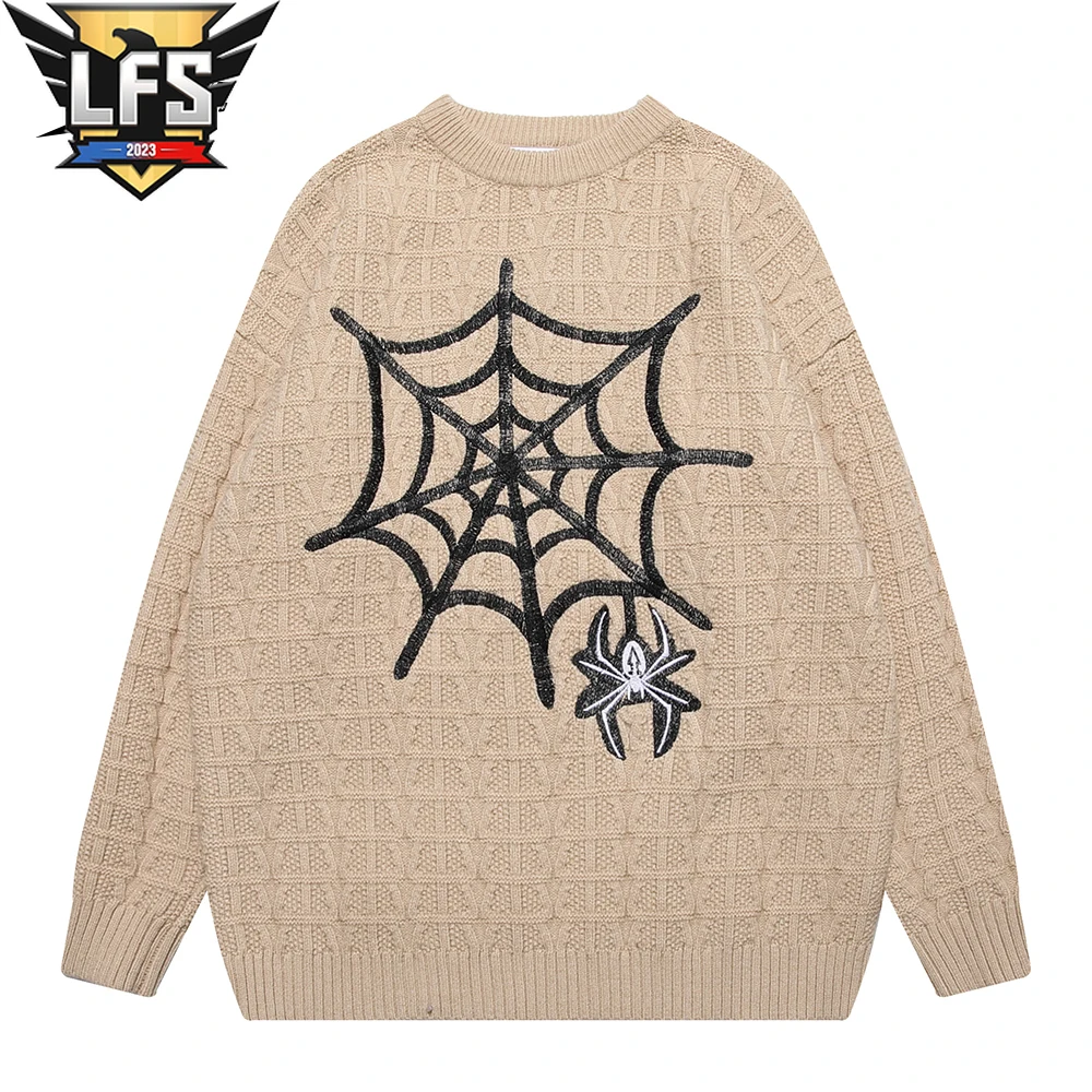 בציר מנופחים Pullovers פאנק רטרו עכביש סרוגים הדפסה סוודר כותנה Mens סוודר Y2K אופנת רחוב, אופנה יוניסקס