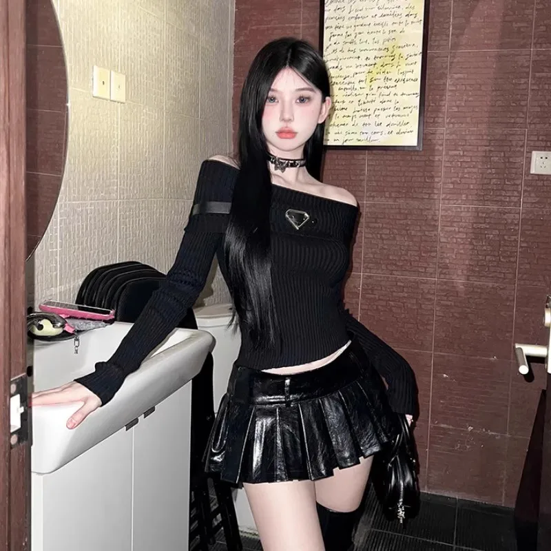 סקסית וינטג ' סרוגים חולצת נשים מחוץ כתף סגנון קוריאני Y2k רטרו Pullovers אופנת רחוב Fariycore טי מקסימום Autunm