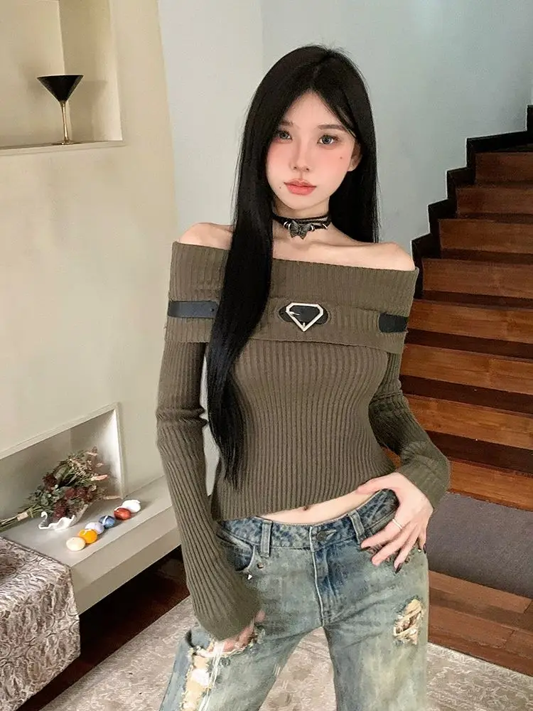 סקסית וינטג ' סרוגים חולצת נשים מחוץ כתף סגנון קוריאני Y2k רטרו Pullovers אופנת רחוב Fariycore טי מקסימום Autunm
