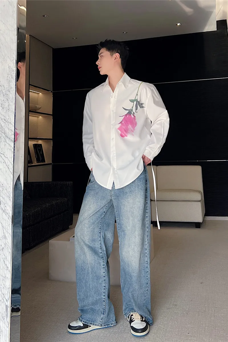 גברים חולצות מזדמנים אביב הדפסת דש שרוול ארוך אופנת רחוב צמרות 2023 קוריאנית רופף אופנה חולצה Camisas בגדים P16